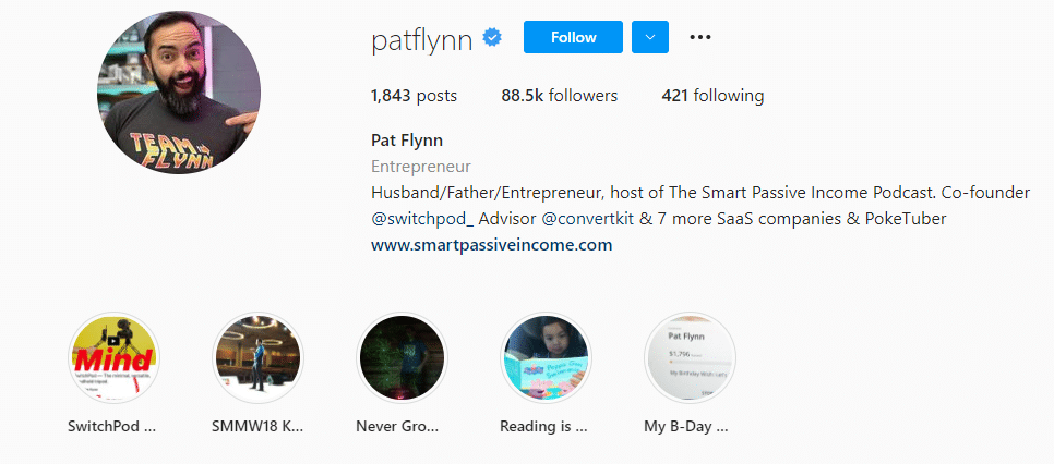 Instagram marketers @patflynn profile