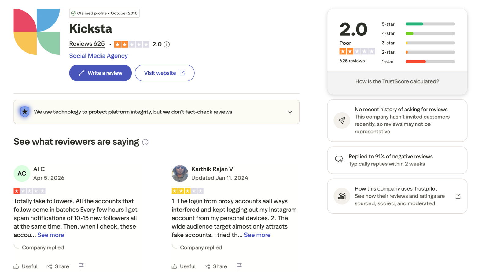 Kicksta Trustpilot review rating