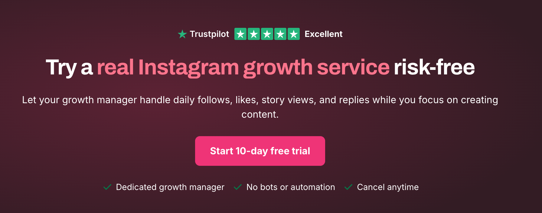 CTA banner with a dark purple gradient background, Trustpilot 4.7 rating, the headline “Get Real Instagram Growth with SocialStud.io,” a pink “Start growing today” button, and benefit highlights including 500+ brands and creators, 30-day money-back guarantee, and no bots or automation.