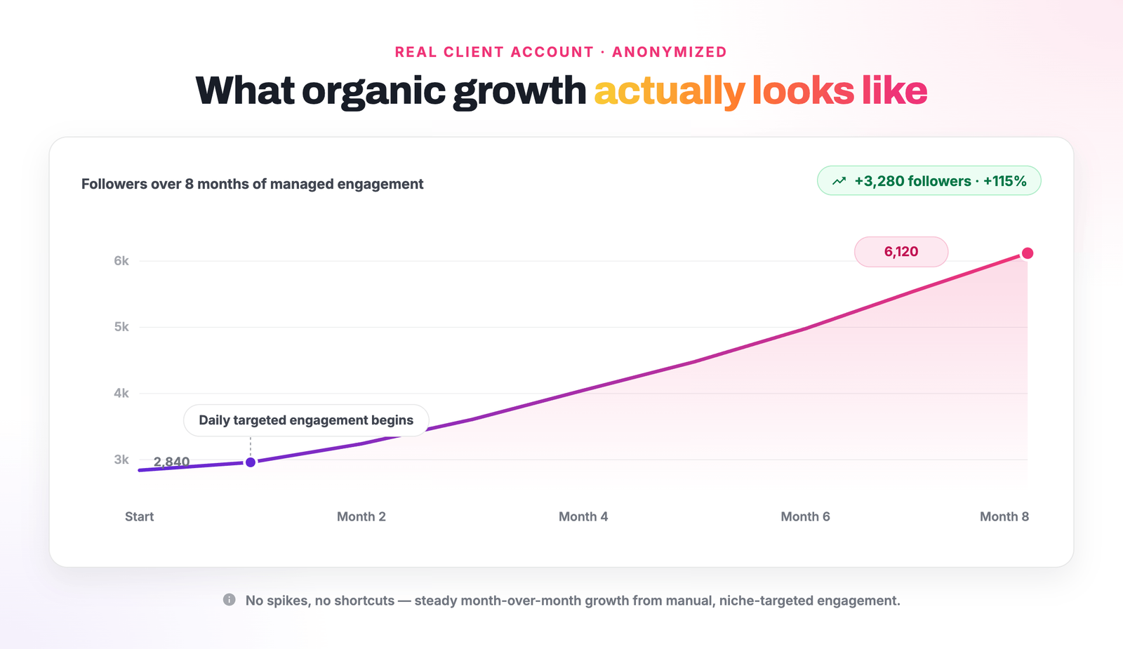 Real organic Instagram growth chart: client account grew from 2,840 to 6,120 followers (+115%) over 8 months of managed daily engagement